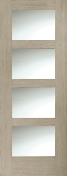 Internal Oak Shaker 4 Panel Fire Door with Clear Glass finished in Crema