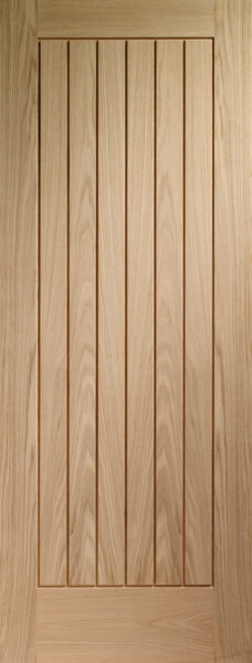 A wooden door with vertical panels, featuring a natural wood grain pattern. The door is situated upright in a neutral, light-colored environment.