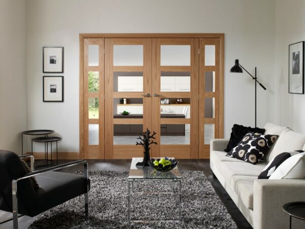 Internal Oak Pre-Finished Shaker 4 Panel Door with Clear Glass - Image 5