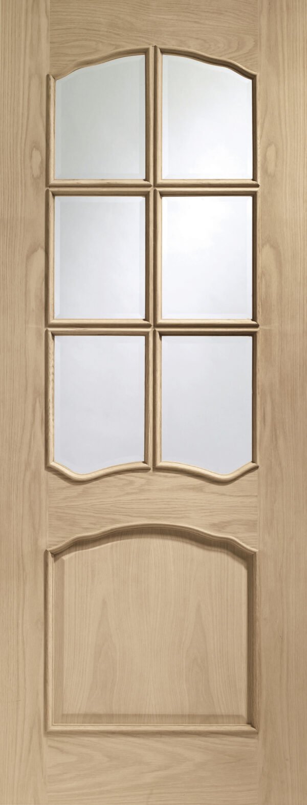 Internal Oak Riviera Door with Clear Bevelled Glass and Raised Mouldings - Image 4