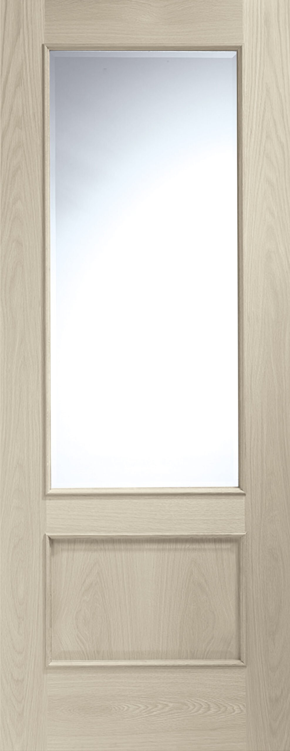 Internal Oak Andria with Clear Bevelled Glass and Raised Mouldings – Crema, 1981 x 762 x 35 mm