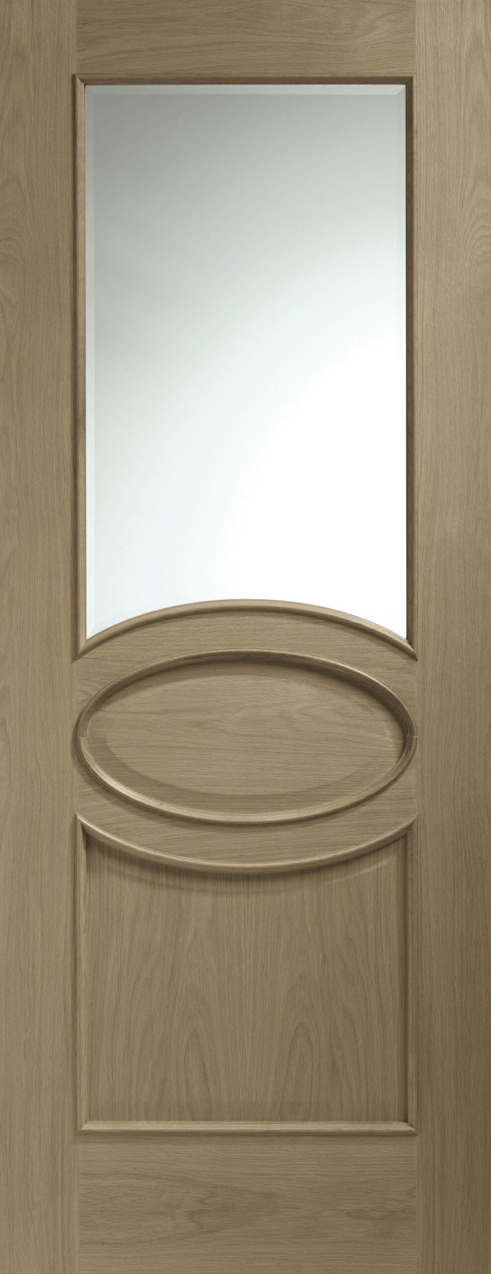 Internal Oak Calabria with Clear Bevelled Glass and Raised Mouldings – Cappuccino, 1981 x 762 x 35 mm