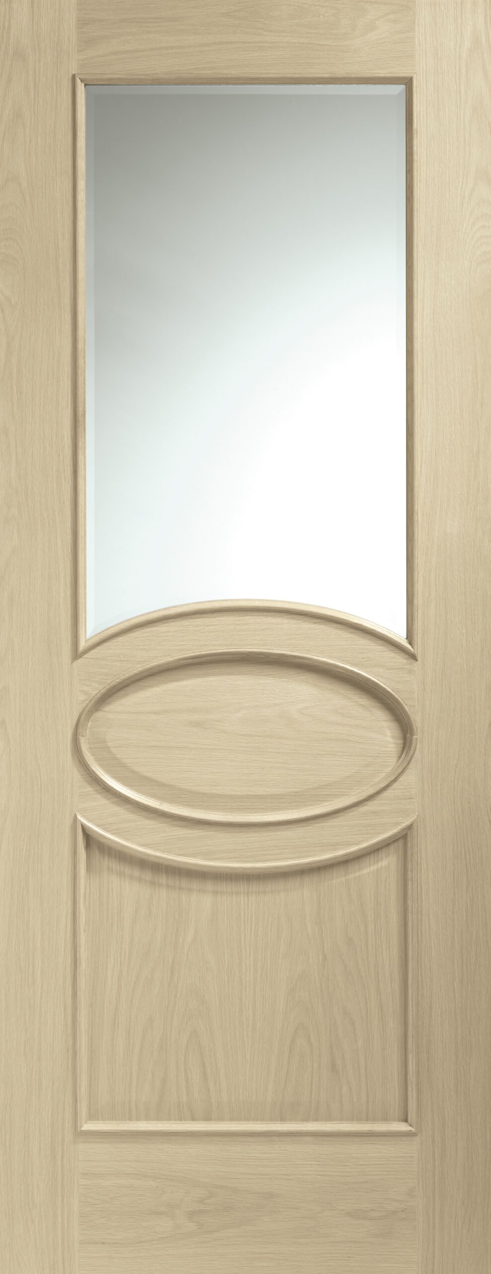 Internal Oak Calabria with Clear Bevelled Glass and Raised Mouldings – Latte, 1981 x 762 x 35 mm