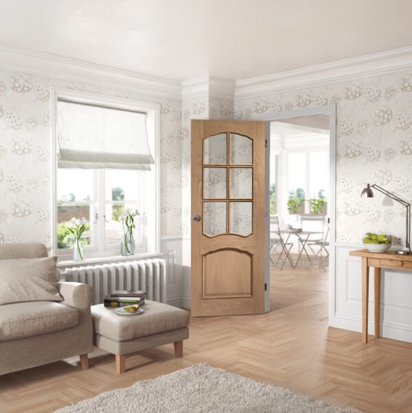 Internal Oak Riviera Door with Clear Bevelled Glass and Raised Mouldings - Image 3