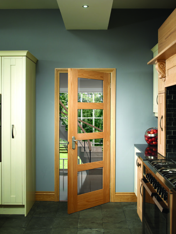 Internal Oak Pre-Finished Shaker 4 Panel Door with Clear Glass - Image 3